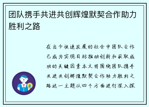 团队携手共进共创辉煌默契合作助力胜利之路