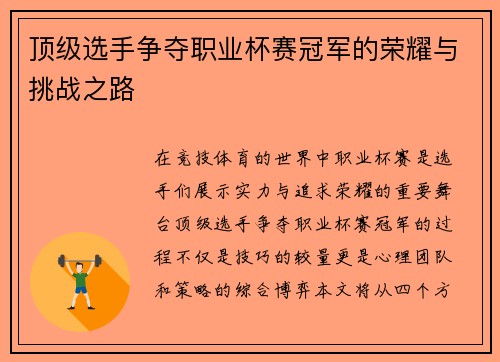 顶级选手争夺职业杯赛冠军的荣耀与挑战之路