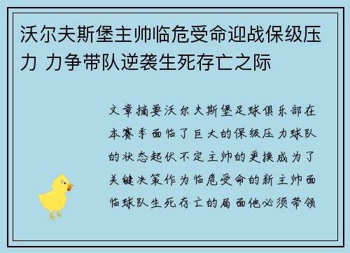 沃尔夫斯堡主帅临危受命迎战保级压力 力争带队逆袭生死存亡之际