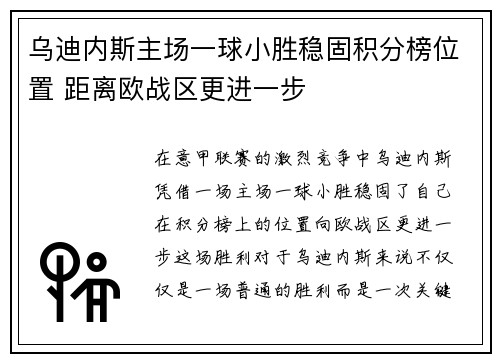 乌迪内斯主场一球小胜稳固积分榜位置 距离欧战区更进一步