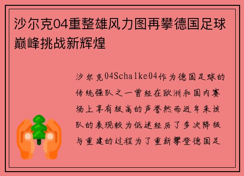 沙尔克04重整雄风力图再攀德国足球巅峰挑战新辉煌