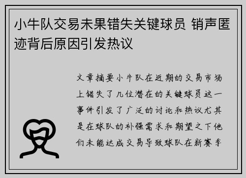 小牛队交易未果错失关键球员 销声匿迹背后原因引发热议
