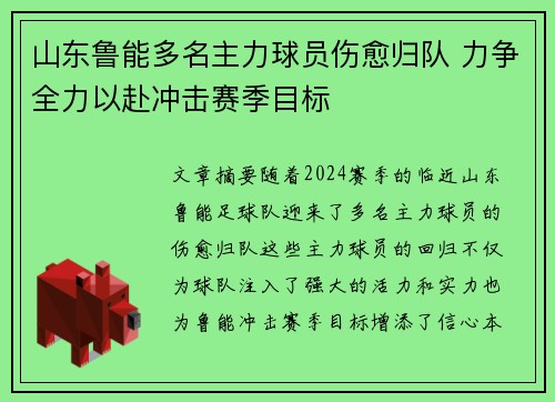 山东鲁能多名主力球员伤愈归队 力争全力以赴冲击赛季目标
