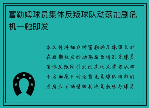 富勒姆球员集体反叛球队动荡加剧危机一触即发