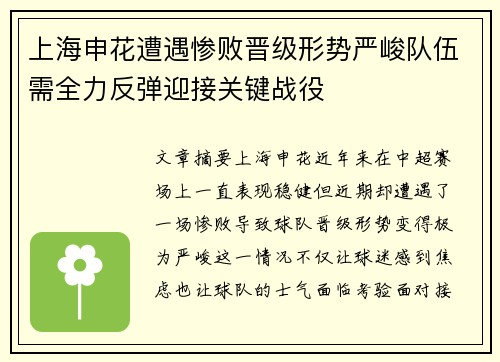 上海申花遭遇惨败晋级形势严峻队伍需全力反弹迎接关键战役