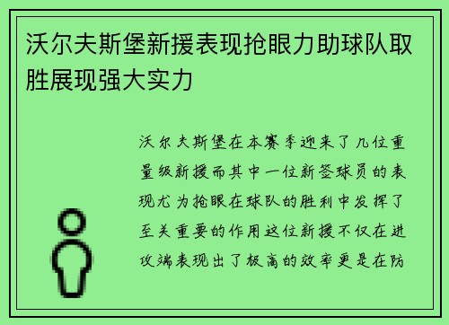 沃尔夫斯堡新援表现抢眼力助球队取胜展现强大实力