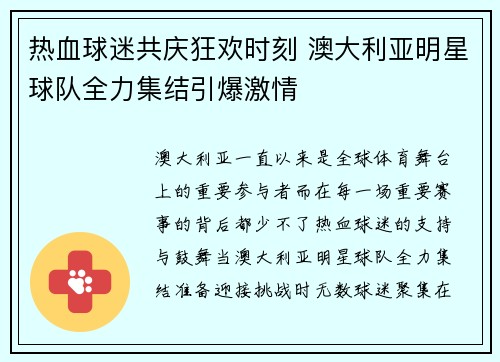 热血球迷共庆狂欢时刻 澳大利亚明星球队全力集结引爆激情