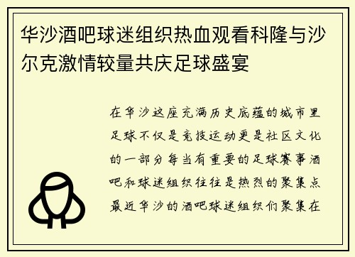 华沙酒吧球迷组织热血观看科隆与沙尔克激情较量共庆足球盛宴