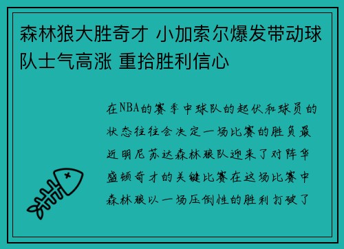 森林狼大胜奇才 小加索尔爆发带动球队士气高涨 重拾胜利信心