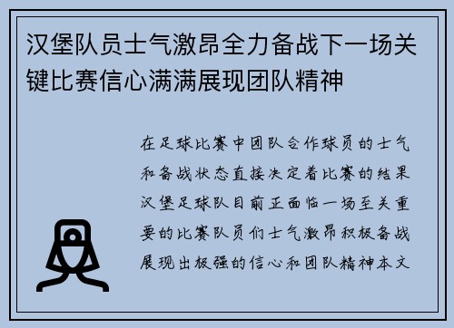 汉堡队员士气激昂全力备战下一场关键比赛信心满满展现团队精神