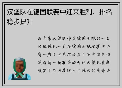 汉堡队在德国联赛中迎来胜利，排名稳步提升