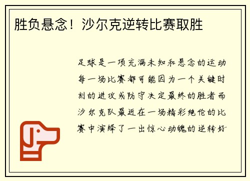 胜负悬念！沙尔克逆转比赛取胜