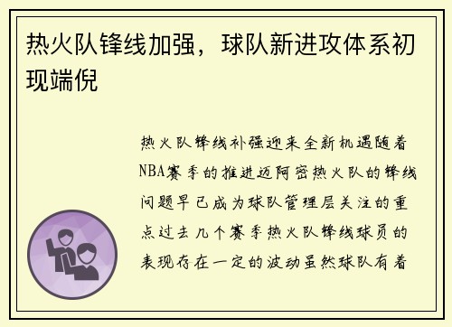 热火队锋线加强，球队新进攻体系初现端倪