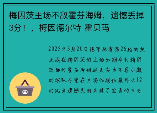 梅因茨主场不敌霍芬海姆，遗憾丢掉3分！，梅因德尔特 霍贝玛