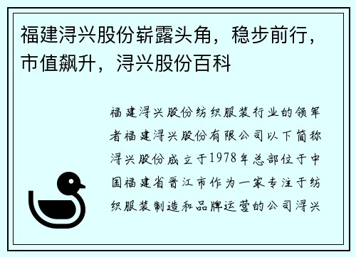 福建浔兴股份崭露头角，稳步前行，市值飙升，浔兴股份百科
