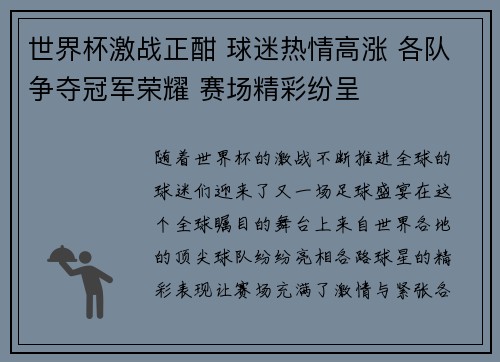 世界杯激战正酣 球迷热情高涨 各队争夺冠军荣耀 赛场精彩纷呈