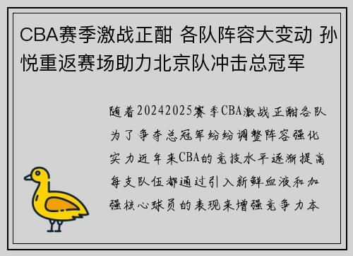 CBA赛季激战正酣 各队阵容大变动 孙悦重返赛场助力北京队冲击总冠军