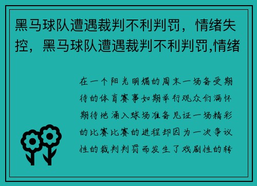 黑马球队遭遇裁判不利判罚，情绪失控，黑马球队遭遇裁判不利判罚,情绪失控的原因